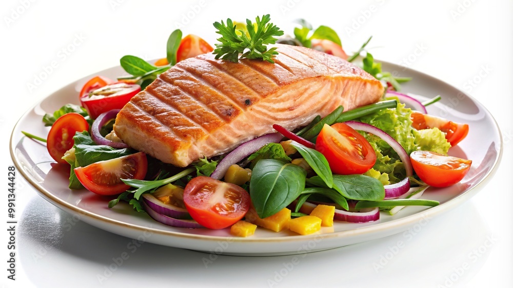 white background, salmon, fine dining, cuisine, meal, Steak salmon salad on a pristine white plate placed against a clean white background with ample space for additional content white background, salmon, fine dining, cuisine, meal, Steak salmon salad on a pristine white plate placed against a clean white background with ample space for additional content