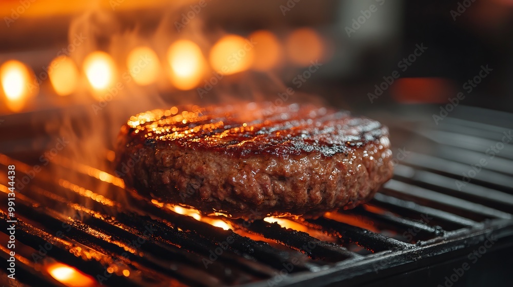 A juicy burger patty sizzling on a grill, showcasing delicious cooking and barbecue culture. A juicy burger patty sizzling on a grill, showcasing delicious cooking and barbecue culture.