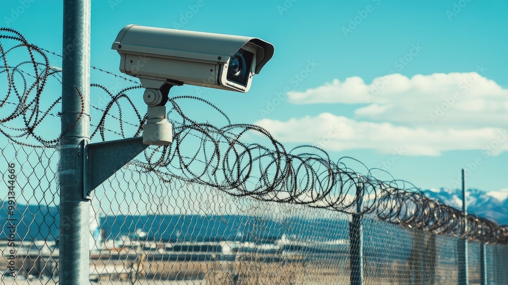Obraz premium A large outdoor surveillance camera attached to a metal pole, monitoring the perimeter of an industrial facility with barbed wire fences.