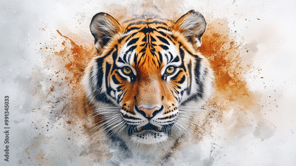Fototapeta premium Tiger on abstract watercolor background.