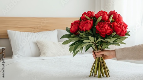 Wallpaper Mural A hand elegantly showcasing a dark red peony bouquet, resting against a soft, white bed background, exemplifying beauty and tranquility in a cozy setting Torontodigital.ca
