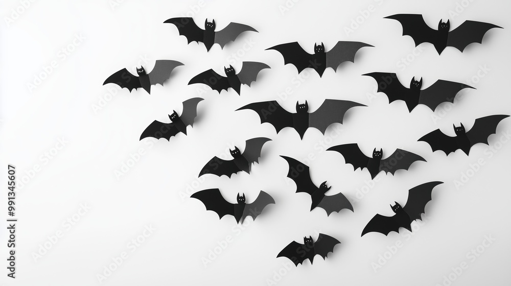 A collection of black bats arranged on a white background, designed in a paper cut-out style for a Halloween party. The flat lay composition emphasizes simplicity and elegance, making it an ideal dec A collection of black bats arranged on a white background, designed in a paper cut-out style for a Halloween party. The flat lay composition emphasizes simplicity and elegance, making it an ideal dec