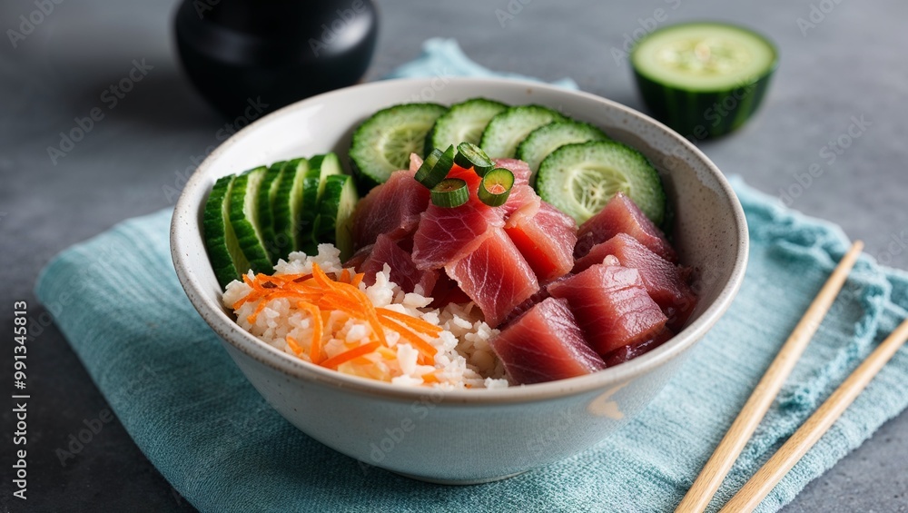 Poke bowl with ahi tuna and cucumber closeup Poke bowl with ahi tuna and cucumber closeup