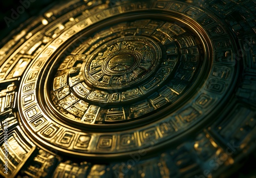 Ancient Mayan-Style Gold Disc with Geometric Patterns