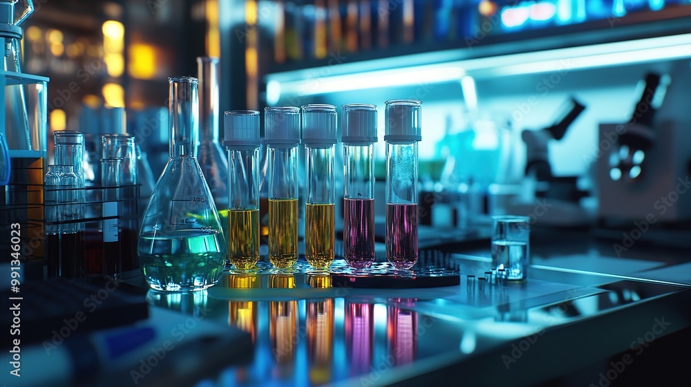 Lab bench equipped with various test tubes, chemical solutions, and genetic analysis tools for ongoing research Lab bench equipped with various test tubes, chemical solutions, and genetic analysis tools for ongoing research
