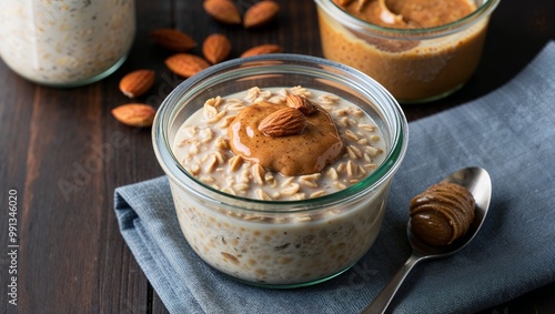 Protein packed overnight oats with almond butter closeup photo