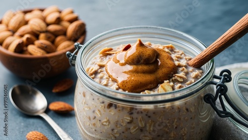 Protein packed overnight oats with almond butter closeup photo