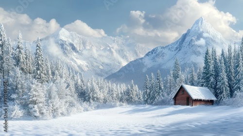 Snowy Cabin in a Mountain Landscape