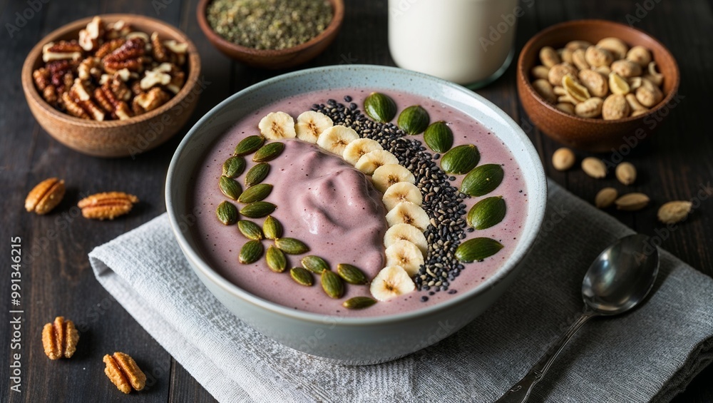 Protein packed smoothie bowl with nuts and seeds closeup Protein packed smoothie bowl with nuts and seeds closeup