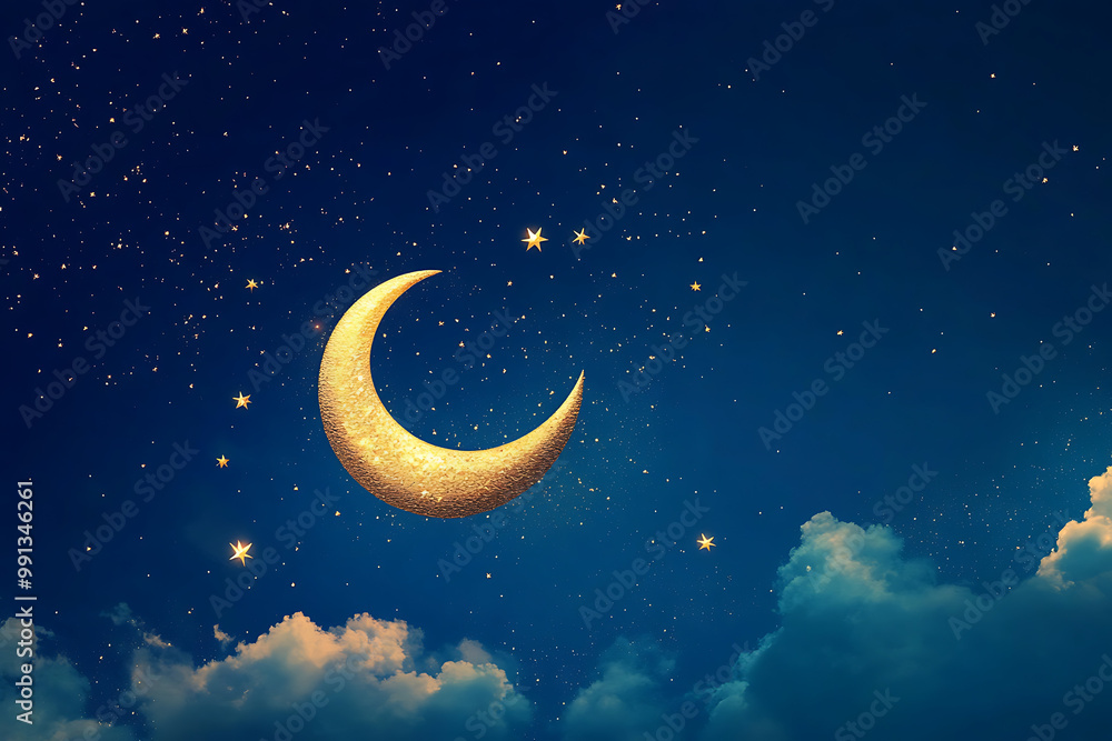 Eid background with crescent moons and stars in gold against a deep blue sky Eid background with crescent moons and stars in gold against a deep blue sky