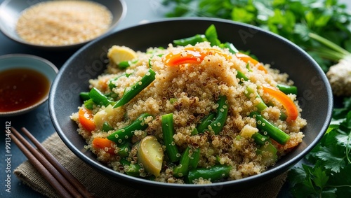 Quinoa stir fry with ginger and tamari closeup