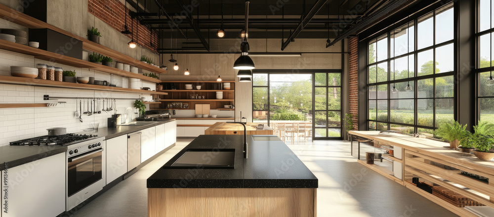 Fototapeta premium Design an elegant kitchen with modern cabinetry, a black and white color scheme, an island table for dining, a sink on the countertop