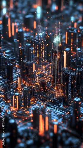 3D cityscape with glowing digital connections, representing the power of technology in urban development