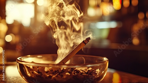 A lit cigarette balanced on the edge of an overflowing ashtray, smoke swirling upwards, with a bar or cafsetting in soft focus. photo