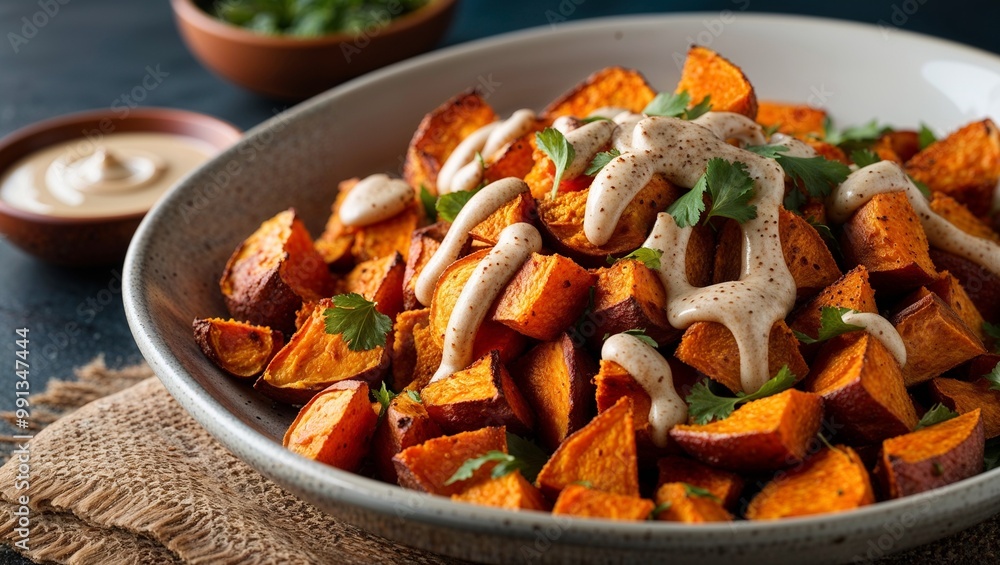 Roasted sweet potato salad with tahini closeup Roasted sweet potato salad with tahini closeup
