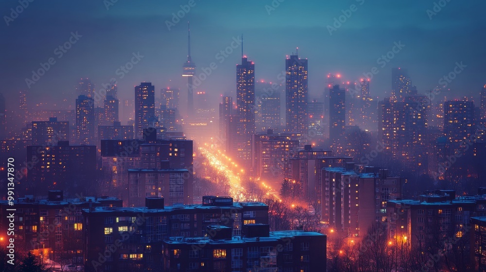 Fototapeta premium A nighttime cityscape featuring illuminated skyscrapers and a foggy atmosphere.