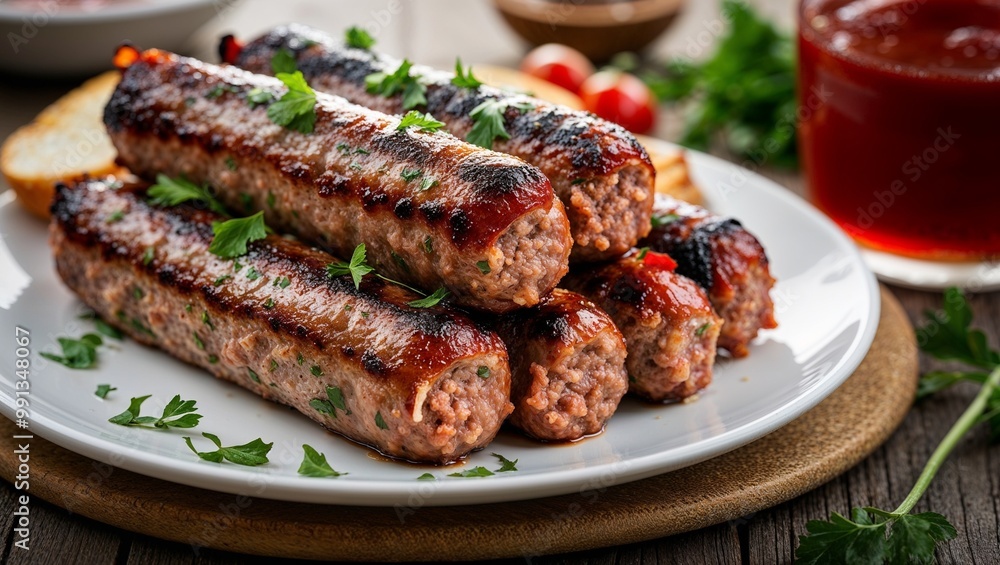 Serbian ćevapi grilled minced meat sausages closeup Serbian ćevapi grilled minced meat sausages closeup