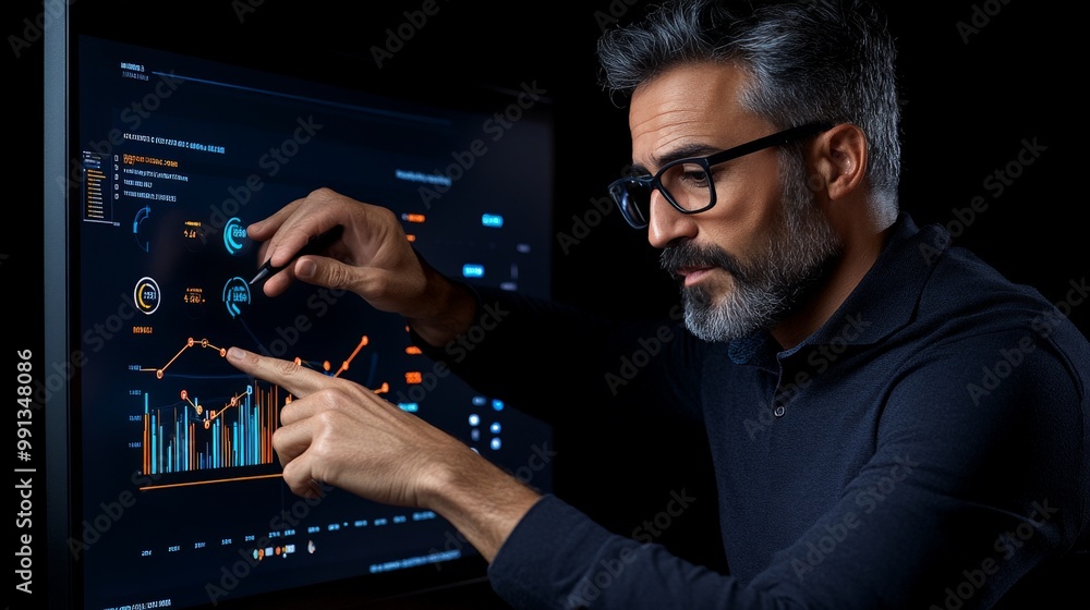 Data Driven Decisions: A focused businessman analyzes insightful charts on a large computer monitor, showcasing the power of data-driven decision making in the modern business world. Data Driven Decisions: A focused businessman analyzes insightful charts on a large computer monitor, showcasing the power of data-driven decision making in the modern business world.