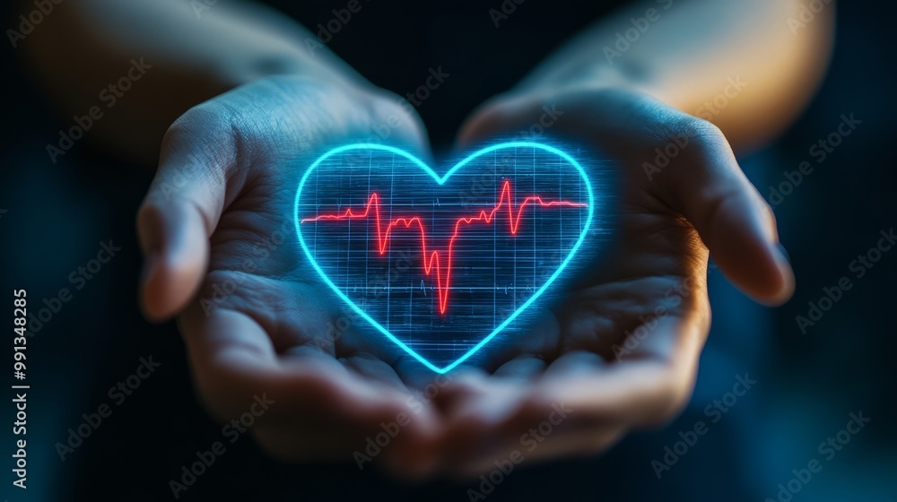 A pair of hands cradling a glowing heart with an ECG line, symbolizing health and care. A pair of hands cradling a glowing heart with an ECG line, symbolizing health and care.