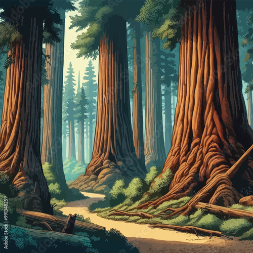 Majestic forest with ancient redwoods illustration