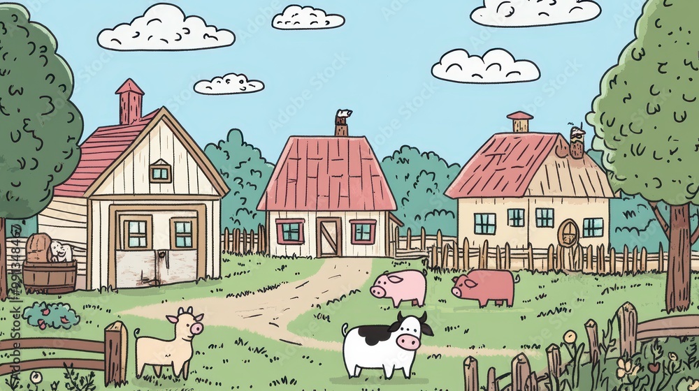 Cartoon Farm Illustration with Houses and Animals Cartoon Farm Illustration with Houses and Animals