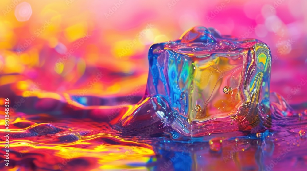 A vibrant and colorful ice cube is splashing into a refreshing pool of water A vibrant and colorful ice cube is splashing into a refreshing pool of water