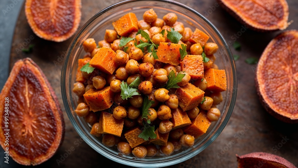 Spiced chickpea and sweet potato salad closeup Spiced chickpea and sweet potato salad closeup