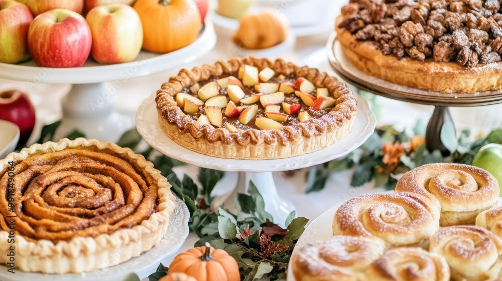 Fall-themed dessert table with apple pie, sweet potato casserole, and cinnamon rolls Fall-themed dessert table with apple pie, sweet potato casserole, and cinnamon rolls