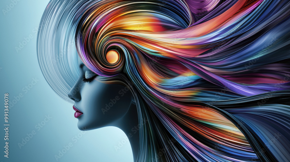 A surreal profile of a woman with vibrant, flowing hair in a mix of colors, showcasing beauty and creativity against a soft blue backdrop. A surreal profile of a woman with vibrant, flowing hair in a mix of colors, showcasing beauty and creativity against a soft blue backdrop.
