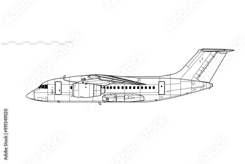 Antonov An-148-100B. Vector drawing of regional passenger jet airliner. Side view. Image for illustration and infographics.