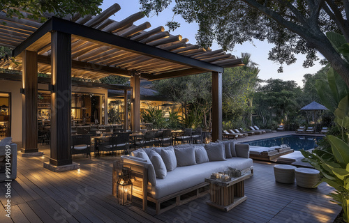 A wooden terrace with an outdoor seating area and a pool, surrounded by trees at sunset