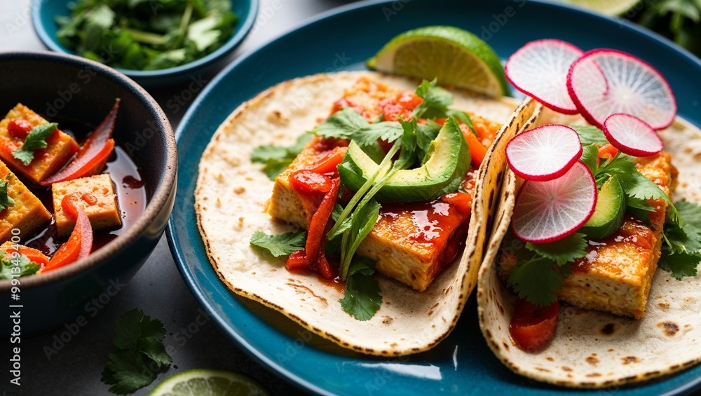 Spicy Korean tofu tacos with pickled radish closeup Spicy Korean tofu tacos with pickled radish closeup