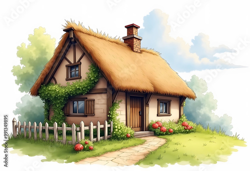 House, cottage with lawn isolated on white background. Bushes. Roses in a pot. Watercolor. Illustration. Handmade. Image. Picture. 