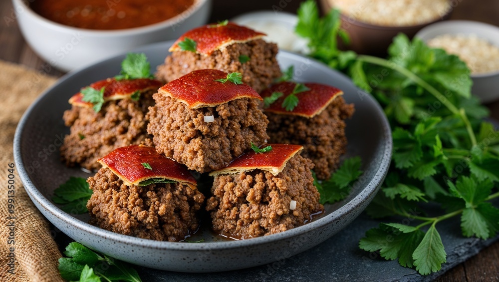 Syrian kibbeh bulgur stuffed with ground meat closeup Syrian kibbeh bulgur stuffed with ground meat closeup