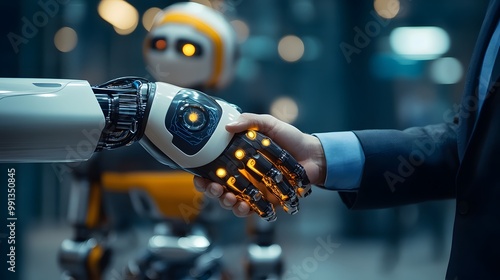 A humanoid robot and a human shaking hands in a symbol of AI-human collaboration