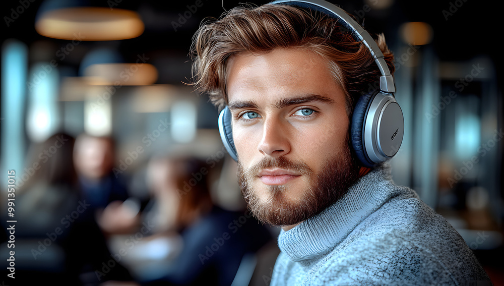 A Young Businessman Wearing Headphones in the Office, Holding a Tablet While Multitasking, Demonstrating Modern Work Habits, Technology Integration, and the Balance of Focus and Productivity in a Corp A Young Businessman Wearing Headphones in the Office, Holding a Tablet While Multitasking, Demonstrating Modern Work Habits, Technology Integration, and the Balance of Focus and Productivity in a Corp