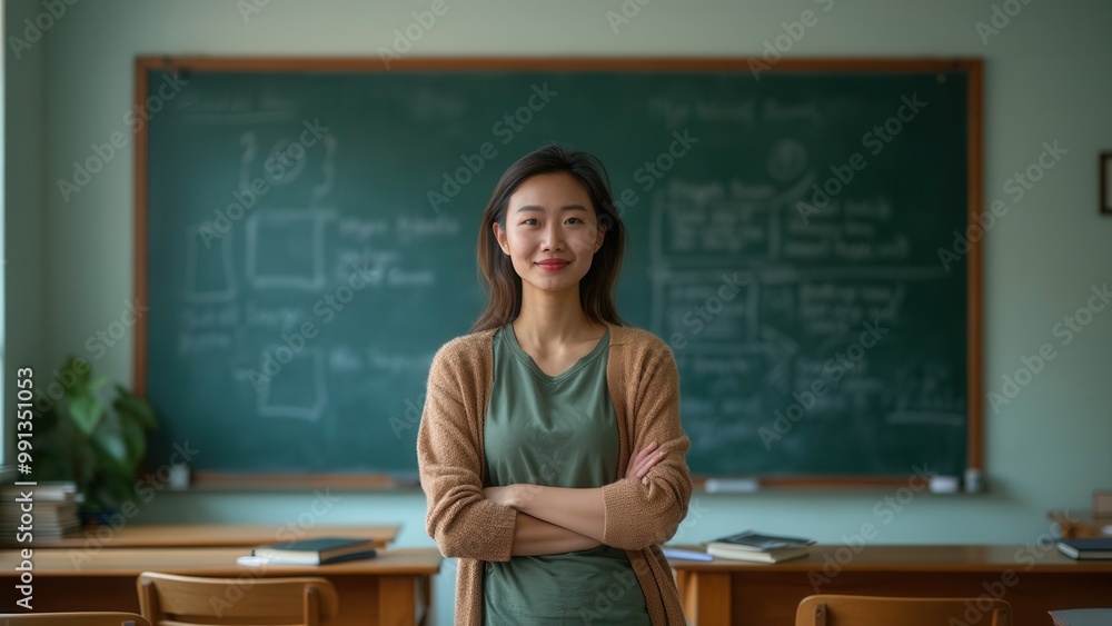 A teacher stands with arms crossed in a classroom, smiling confidently in front of a chalkboard filled with notes and diagrams. The room is well-lit and organized, providing a welcoming atmosphere for A teacher stands with arms crossed in a classroom, smiling confidently in front of a chalkboard filled with notes and diagrams. The room is well-lit and organized, providing a welcoming atmosphere for