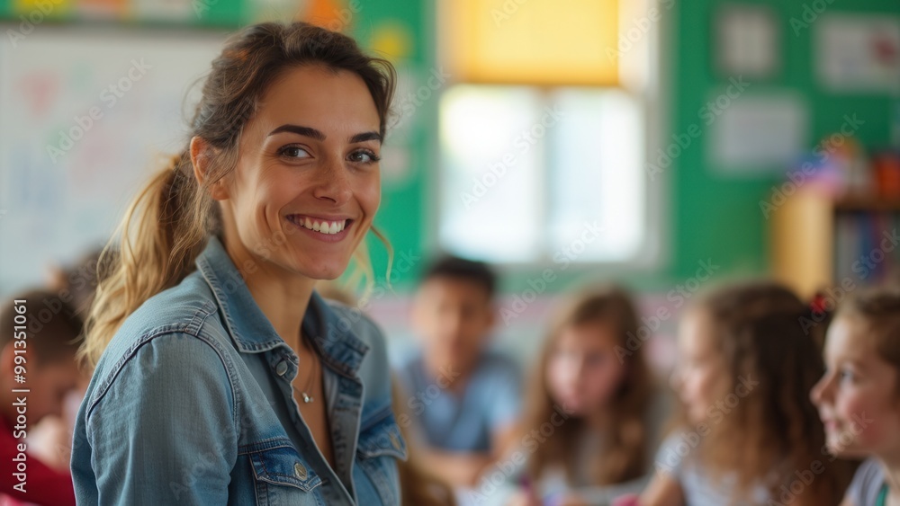 Fototapeta premium A friendly female teacher smiles warmly amidst curious children in a bright classroom setting, embodying education, inspiration, and nurturing as she guides eager young minds.
