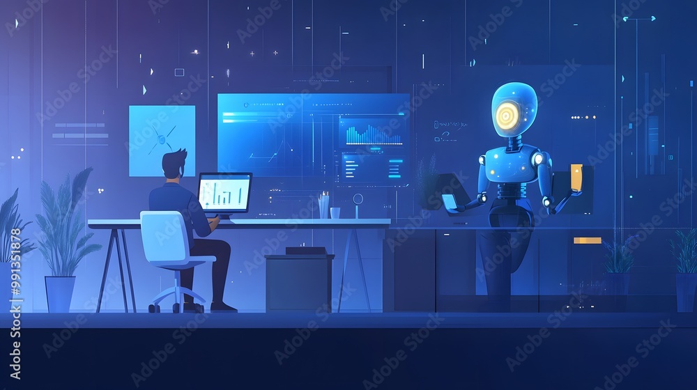 A human working alongside an AI assistant in a modern workspace A human working alongside an AI assistant in a modern workspace