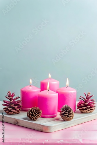 Fall-Themed Scented Candles on Wooden Tray with Pine Cones 