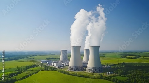 Wallpaper Mural Aerial view of modern nuclear power plant with cooling towers emitting steam against clear blue sky, surrounded by lush green fields, symbolizing clean energy and environmental balance. Torontodigital.ca