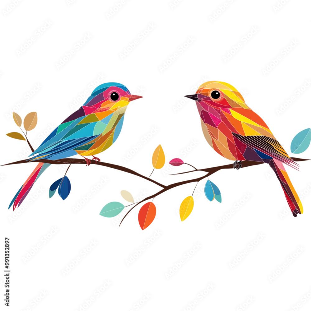 Two colorful birds on a branch Two colorful birds on a branch