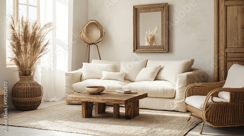 Cozy living room featuring natural decor, soft cushions, and a wooden coffee table, creating a tranquil atmosphere.