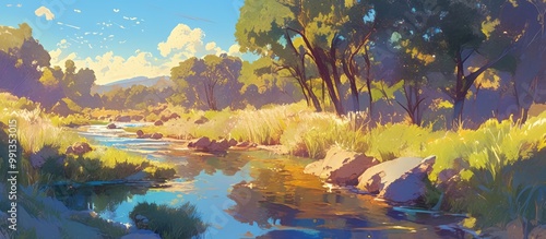 Painting of the Preguicas River a scenic watercourse in a complex of stunning landscapes showcasing its natural beauty and serene environment photo