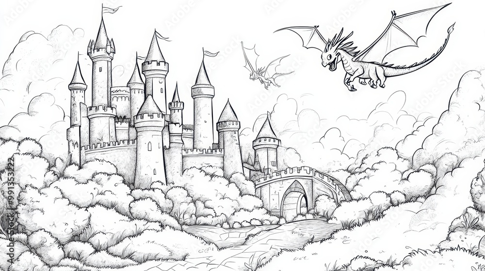 A Dragon Soars Above a Majestic Castle A Dragon Soars Above a Majestic Castle
