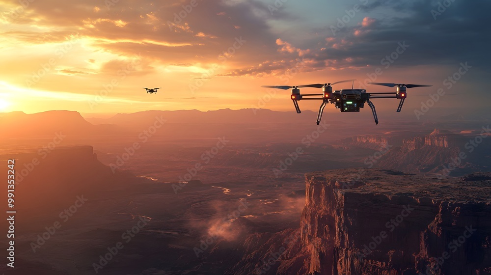 AI-powered drones conducting environmental monitoring in a vast landscape AI-powered drones conducting environmental monitoring in a vast landscape