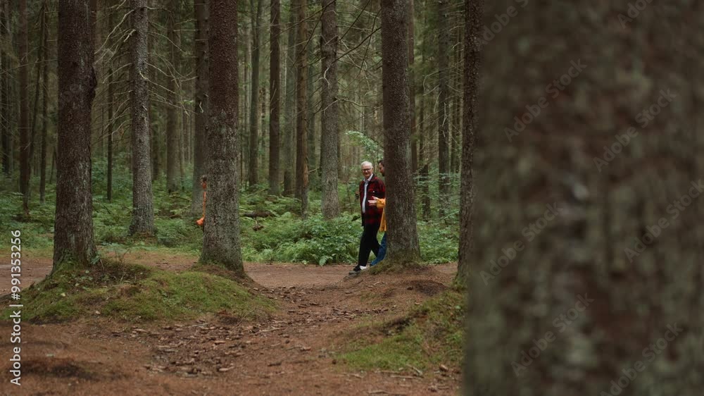 Grandfather, son and teenager grandson walk together along pathway in forest. Three male family generations enjoying bonding together, communication and strolling. Elderly and adult man, and teen boy Grandfather, son and teenager grandson walk together along pathway in forest. Three male family generations enjoying bonding together, communication and strolling. Elderly and adult man, and teen boy