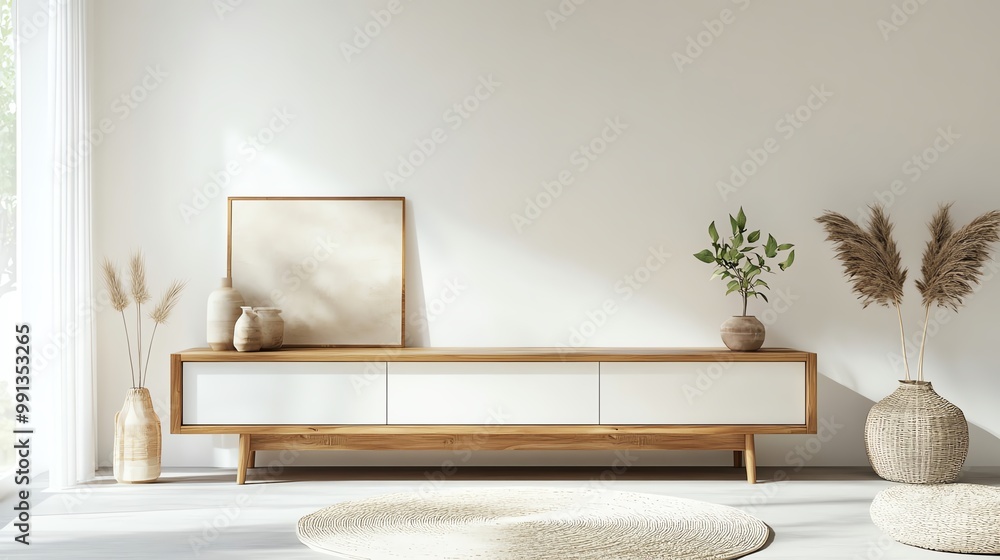 Elegant wooden furniture arranged in a tranquil living space with natural accents and soft colors for a cozy atmosphere. Elegant wooden furniture arranged in a tranquil living space with natural accents and soft colors for a cozy atmosphere.