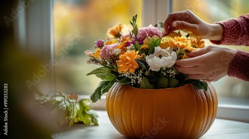 Wallpaper Mural Florist arranging flowers in a pumpkin for autumn decor, fall floral arrangement Torontodigital.ca