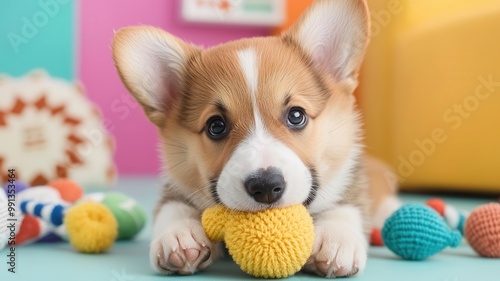 Puppy playfully chewing on a squeaky toy in a colorful living room, with toys scattered around   playful puppy, indoor fun photo